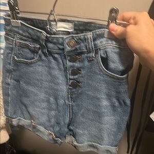 Blue Jean Shorts with Distressed Hem and Mid-Thigh Length